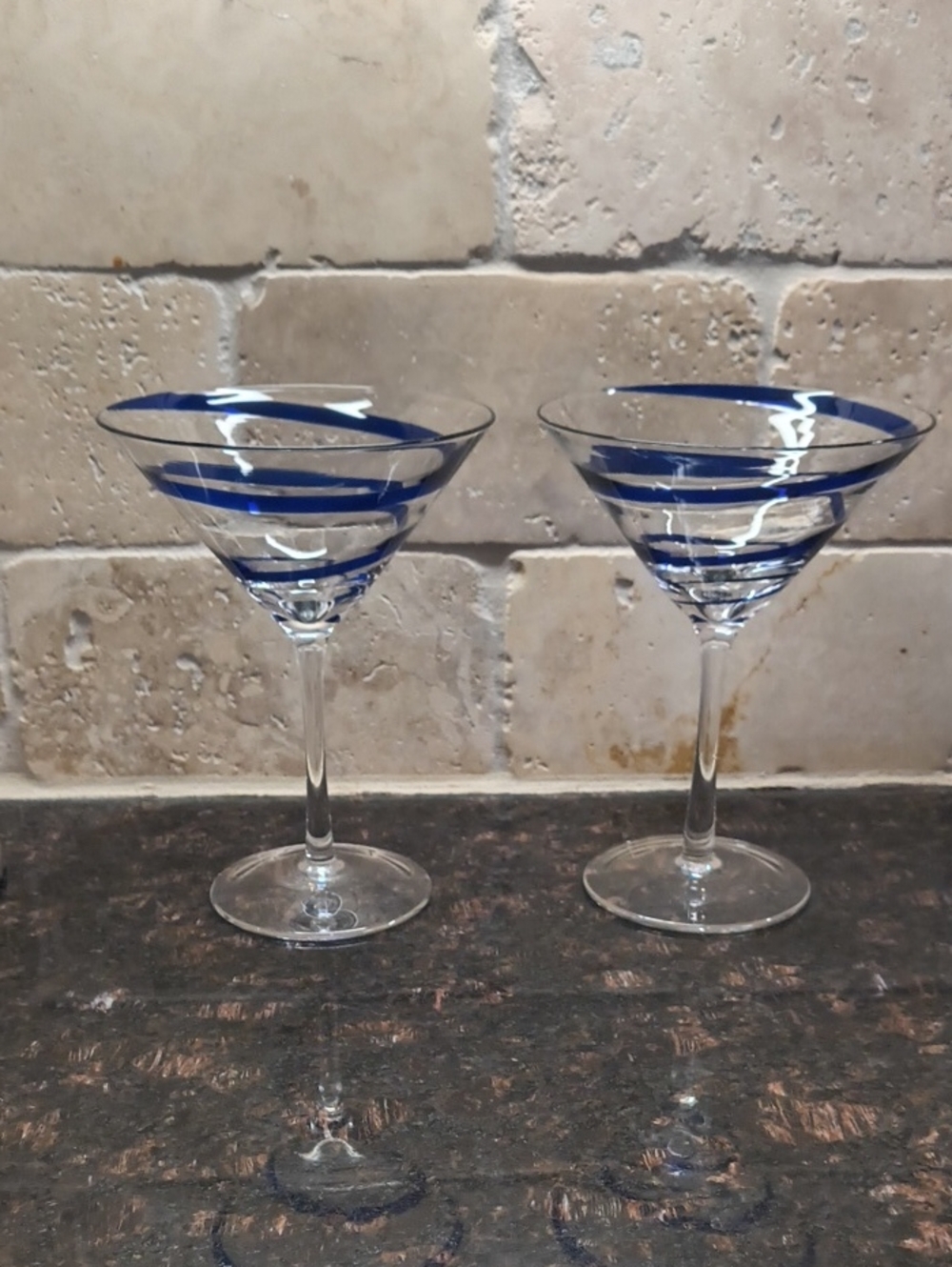2 Pier 1 Swirline Blue Martini Glasses Hand Blown